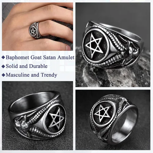 Miniatura 3 de FaithHeart Satanic Jewelry Baphomet - Anillos de cabra con sello de símbolo de Lucifer Satanás, para hombres y mujeres, tamaño 7891011121314