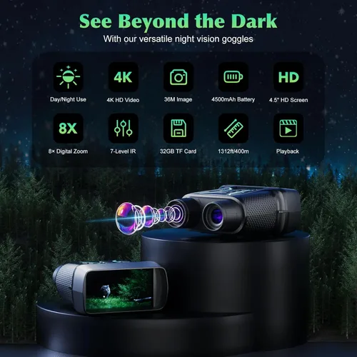 Miniatura 2 de Gafas de visión nocturna, binoculares de visión nocturna de 4K UHD con video e imagen de 36MP, pantalla de 4.5", batería recargable de 4500mAh