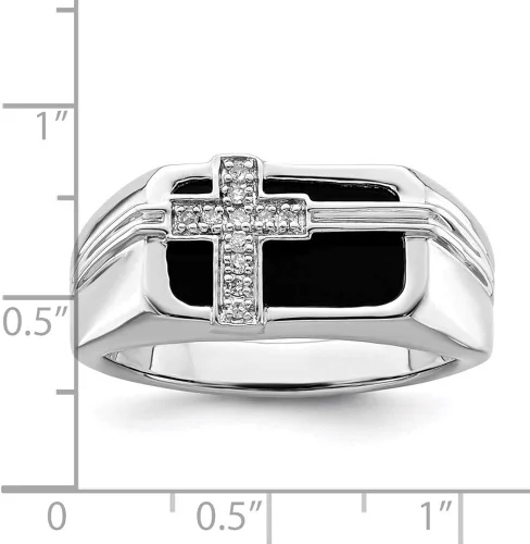 Miniatura 5 de Anillo de cruz de ónix negro con diamantes de plata de ley para hombre