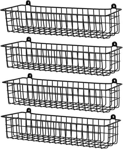 Miniatura 10 de Organizador de especias para montaje en pared, paquete de 2 cestas de almacenamiento de alambre negro para pared o puerta de gabinete en cocina