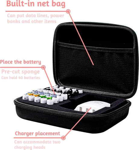 Miniatura 5 de Bolsa organizadora de baterías, caja de almacenamiento segura, ordenada, a prueba de golpes, dura, portátil, con capacidad para 40 pilas AA y AAA