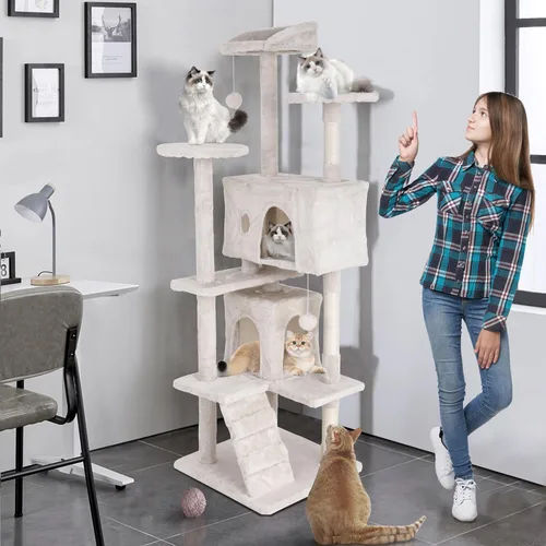 Árbol para gatos resistente con torre de 70 pulgadas de alto, 3 perchas y 2 condominios acogedores, poste de sisal y escaleras para gatos grandes,