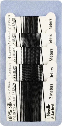 The Hobbyworker - 5 hilos y agujas de seda para cuentas tamaño 2/4/6, color negro para anudar perlas, cristales, piedras preciosas y cuentas
