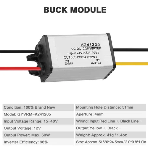 Miniatura 3 de Maxmartt Convertidor CC de 24 V a 12 V 5 A 60 W, convertidor de voltaje, adaptador de corriente CC impermeable, transformador resistente