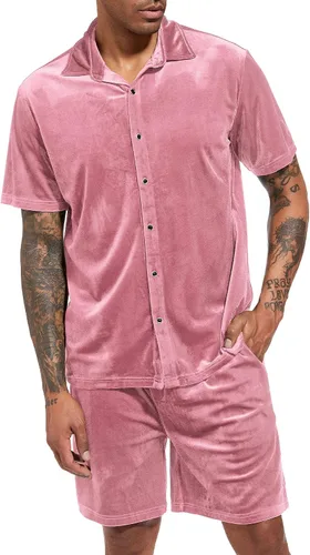 Miniatura 17 de LecGee Conjunto de pantalones cortos casuales de verano para hombre, camisa de terciopelo de manga corta con botones, pantalones cortos de cintura