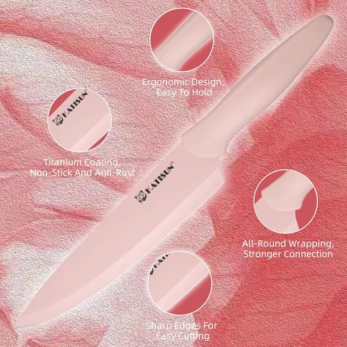 Miniatura 3 de Juego de cuchillos de cocina con protectores, juego de cuchillos antiadherentes de color rosa en caja, antioxidante y apto para lavavajillas, 6
