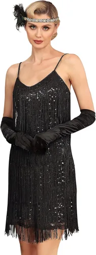 kayamiya Vestido largo con flecos para mujer, con cuello en V, tirantes delgados, lentejuelas, vestido de fiesta de los años 20, disfraces de Gran