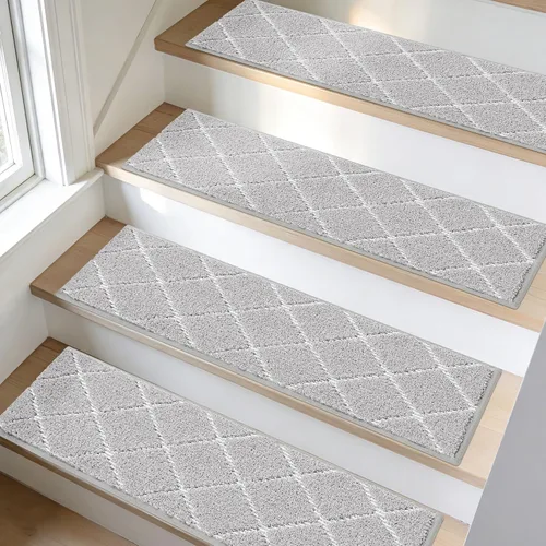 Miniatura 13 de BEQHAUSE Peldaños de escalera para peldaños de madera, antideslizantes, lavables a máquina, alfombras de poliéster suave, 28 x 9 pulgadas