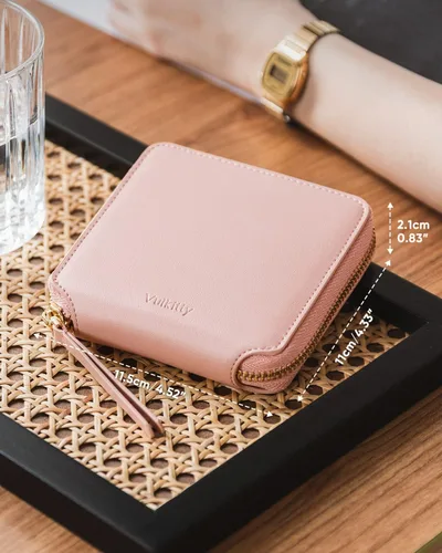 Miniatura 6 de Cartera de piel para mujer, con bloqueo RFID, plegable, delgada, para tarjetas de crédito, con bolsillo con cremallera, Rosado, Classic