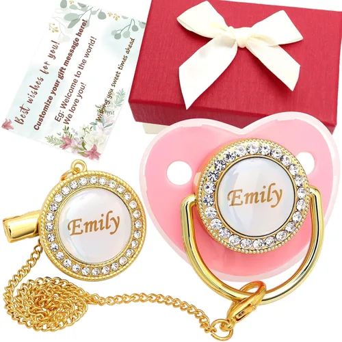 Miniatura 10 de Juego de chupete personalizado con nombre, sin BPA, dorado, plateado, rosa, oro rosa, lujoso, regalo ideal para recién nacidos (plateado)