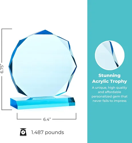 Miniatura 2 de Trofeo grabado - Acrílico azul cielo - Premio para empleados - Grabado personalizado de hasta tres líneas y selección de versos preescritos