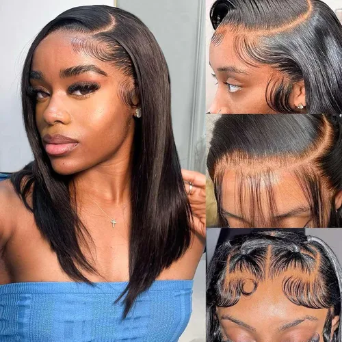 Miniatura 11 de Peluca Bob de Cabello Humano 13x4 Encaje Frontal HD Pelucas Bob de Encaje Frontal Cortas y Rectas para Mujeres Negras Cabello Humano Pre-Desplumado