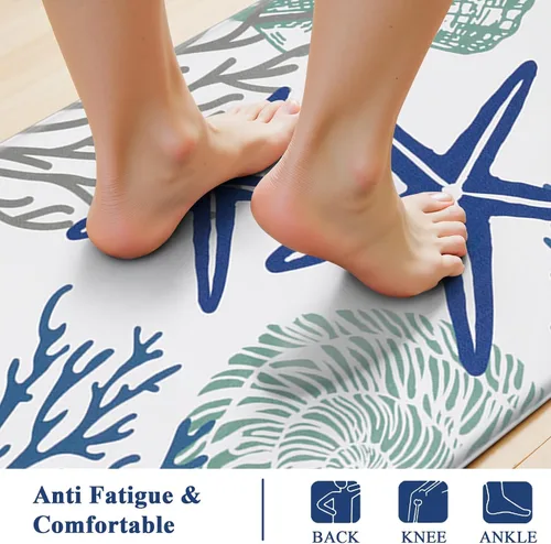 Miniatura 5 de SHACOS Coastal Beach - Juego de 2 tapetes de cocina antifatiga con temática de mar, conchas de estrella de mar azul, peces tropicales corales, 17 x