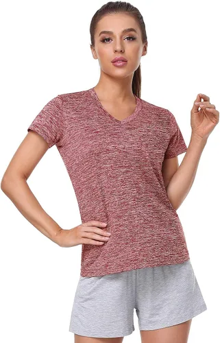 Miniatura 4 de Xelky Paquete de 3 a 4 camisetas de manga corta para mujer, de ajuste seco, absorben la humedad, camisetas atléticas deportivas con cuello en V