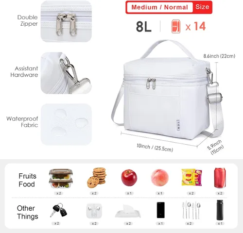 Miniatura 2 de NOL Natural Organic Lifestyle - Bolsas de almuerzo aisladas para mujer, bolsa de refrigeración ligera de nailon impermeable para el trabajo Blanco
