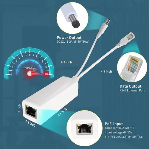 Miniatura 3 de Adaptador divisor PoE Gigabit, salida de 12 V 2 A, 1000 Mbps, IEEE 802.3AF/at, adecuado para cámaras IP, AP WiFi, teléfonos IP y otros dispositivos