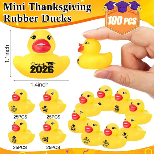 Miniatura 2 de MiniInflat 100 patos de goma de graduación de clase 2026 a granel 2026 Congrats Grad, varios patos de goma para graduación, juguetes de pato