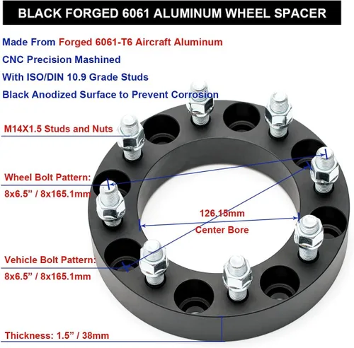 Miniatura 7 de Espaciadores de Rueda Forjados Negros 8x6.5 Pulgadas 1.5 Pulgadas con Pernos 14x1.5 Compatibles con Chevrolet GMC 8 Lug 8x165.1 para 1999-2010