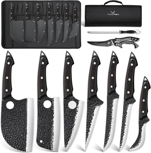 Miniatura 10 de TAN REN 17 piezas de juego de cuchillos de carnicero con bolsa, juego de cuchillos de BBQ de acero de alto carbono para cortar carne, cuchillos