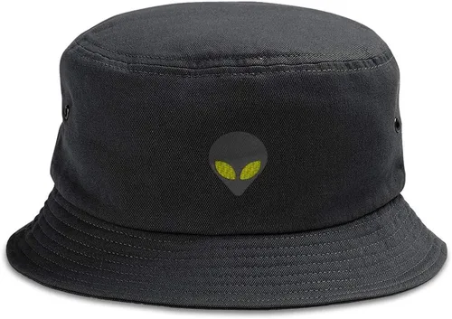 Custom Bucket Apparel Sombrero Alien Gris Cabeza Ojos Amarillos Bordado para Hombres y Mujeres Solo diseño negro.