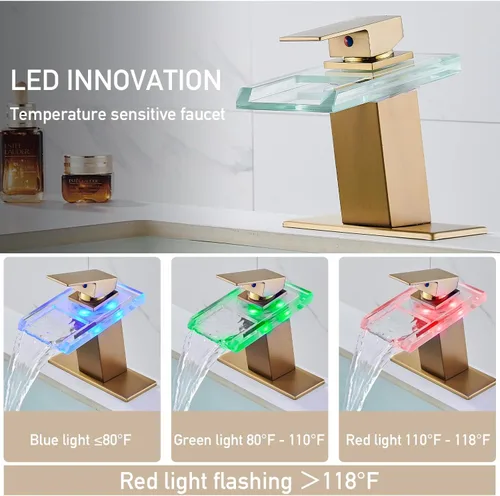 Miniatura 2 de AVSIILE llave LED para fregadero de baño, grifo de lavabo de cascada dorado cepillado con un orificio, mango de un solo agujero para fregaderos, 1