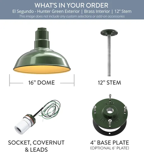Miniatura 113 de Steel Lighting Co. El Segundo - Lámpara de granero Colgante montado en el techo Domo de 12 pulgadas Vástago de 12 pulgadas Luz de acero