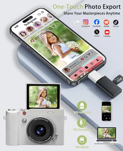 Miniatura 5 de Cámara digital para niños, 64 MP, 1080P, 2.4 pulgadas, pantalla abatible, 32 GB, tarjeta SD para niños, niñas, juguetes, regalos para niñas de 3 a
