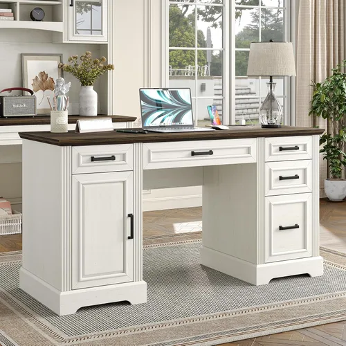 Miniatura 3 de Furniouse Escritorio ejecutivo de 58 pulgadas, escritorio para computadora de granja con cajones y gabinete con estación de carga, escritorio