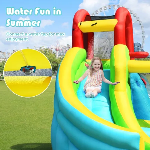 Miniatura 9 de OLAKIDS Tobogán acuático inflable, casa de rebote 6 en 1 con tobogán de pared de escalada para piscina, borde de baloncesto, pistola de agua, parque