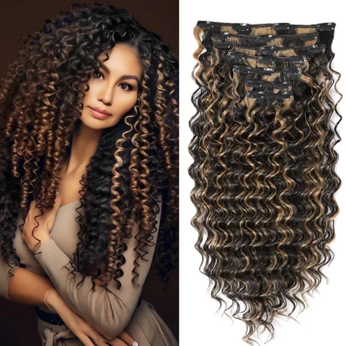 Miniatura 16 de Extensión de cabello humano con clip de onda profunda de 24 pulgadas, postizo de doble trama, sintético para mujeres, extensiones de cabello grueso