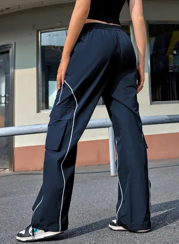 Miniatura 4 de Allytok Pantalones de paracaídas para mujer, pantalones cargo holgados Y2K con bolsillos, pantalones modernos de pierna ancha