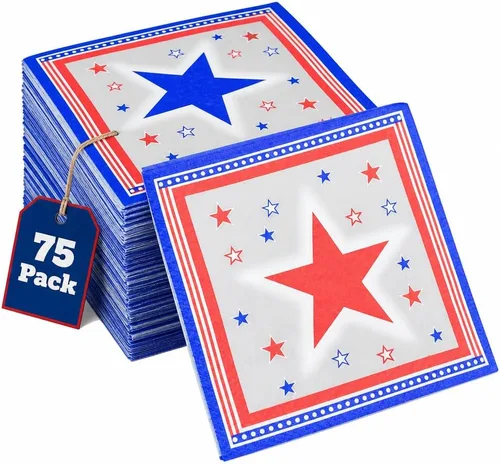 Iconikal Paquete de 75 servilletas desechables de papel americana, 6.5 x 6.5 pulgadas, diseño de estrellas, 2 capas, patriótico de Estados Unidos, 4