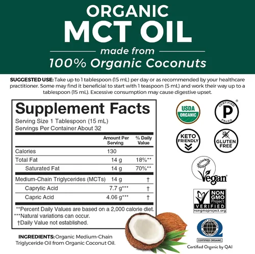 Miniatura 6 de Viva Naturals Aceite orgánico MCT, 16 onzas líquidas, aceite MCT para café, orgánico USDA, sin OMG, certificado paleo y apto para ceto, apoya