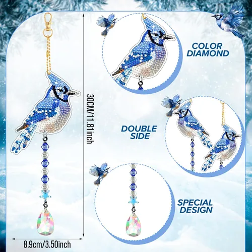 Miniatura 3 de Juego de 6 carillones de viento de cristal con diseño de Jay azul con diseño de diamantes 5D, adornos azules de invierno, adornos de Jay de doble