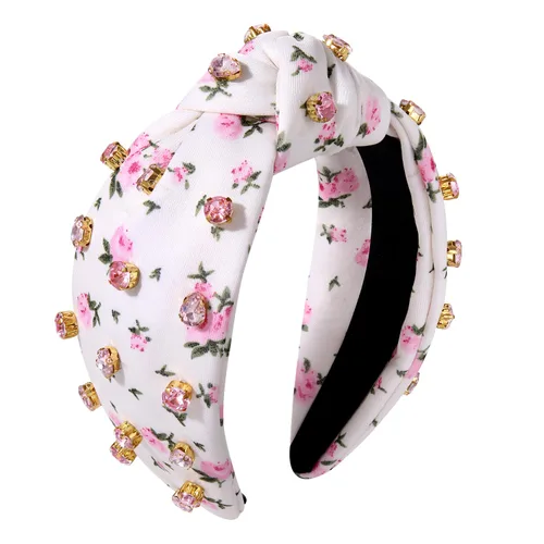 Diademas anudadas con perlas para mujer, diademas de flores impresas con diamantes de imitación, diademas anudadas de cristal, cuentas brillantes