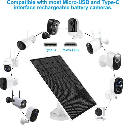 Miniatura 2 de Panel solar de 6 W 5 V para cámara Wyze al aire libre v1/v2 y batería Cam Pro, puerto micro USB o USB tipo C IP65 impermeable, montaje ajustable