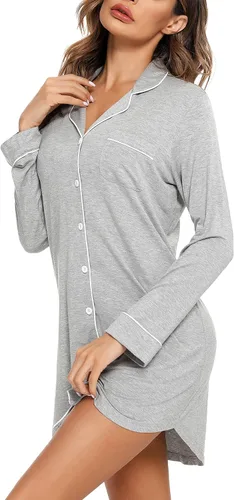 Miniatura 30 de Samring Camisón de pijama para mujer, manga corta/larga, con botones, camisón para dormir, camisón para novio, talla XXL