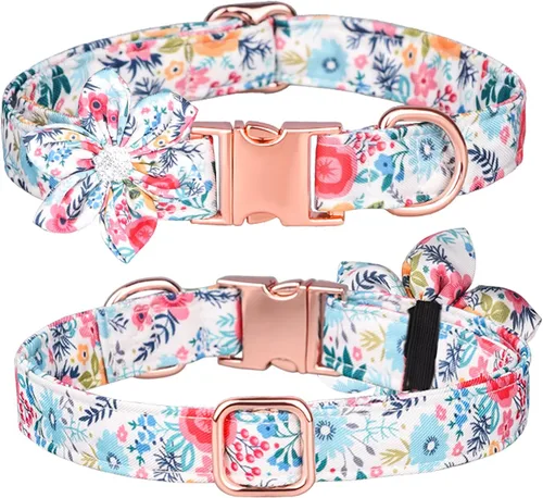 Miniatura 7 de Collar de cachorro con patrón floral, bonito collar de perro con flor de diamantes de imitación desmontable para perras (S, azul)