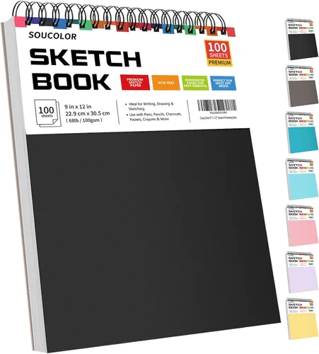 Miniatura 22 de Soucolor - Cuaderno de bocetos de 9 x 12 pulgadas, paquete de 4 de 100 hojas, encuadernado en espiral, libre de ácido (68 libras/100 g/m²), papel