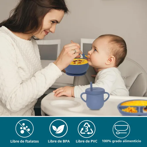 Miniatura 5 de Juego de Alimentación para Bebés 100% Silicona, Platos para Bebés sin BPA con Tazón con Ventosa, Plato Dividido, Juego de Platos de Autoalimentación