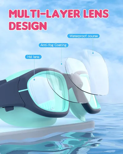 Miniatura 3 de Gafas de natación para niños, gafas de natación para niños de 6 a 14 años, gafas de piscina con protección UV antivaho para niños y niñas Cian/azul