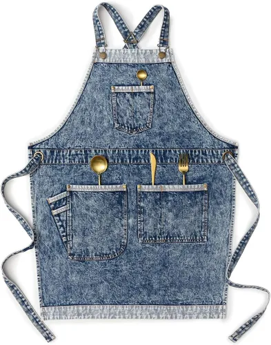 Jeanerlor - Delantales de trabajo de mezclilla con bolsillos para mujeres y hombres, correas cruzadas y ajustables de S a XXXL, Azul mezclilla Azul