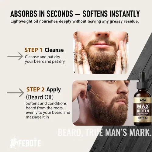 Miniatura 8 de Biotin - Juego de 2 aceites para barba sin perfume y sándalo mezclado con aceite de ricino y semillas de uva para una barba más gruesa, suave e