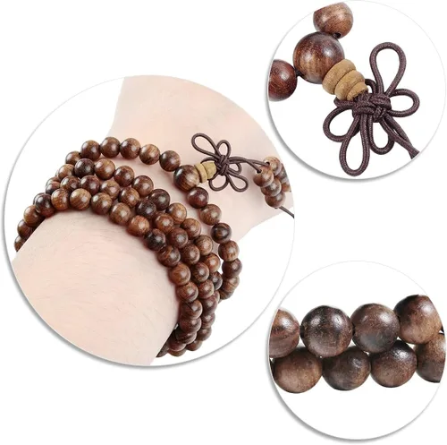 Miniatura 13 de TUMBEELLUWA Pulsera de 0.236 in con 108 cuentas de madera de oración de Mala para unisex, budista tibetano, meditación, rosario, estilo envolvente