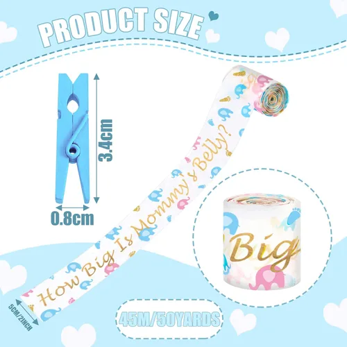 Miniatura 2 de Juego de juegos de baby shower, cinta métrica de abdomen y mini pinzas para la ropa, qué tan grande es el vientre de mamá y no digas juegos de bebé