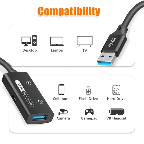Miniatura 6 de AGVEE Cable de extensión activo USB 3.0 de 66 pies / 65.6 ft, USB3.0 macho a hembra, extensor de señal ultra largo, cable de refuerzo de señal