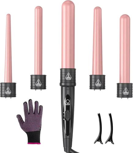 Juego de rizador 5 en 1, rizador de pelo intercambiable, barriles de cerámica (0.35 a 1.25 pulgadas), guantes protectores contra el calor de barril,