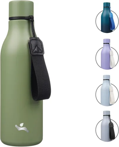 Miniatura 28 de Konokyo Botella de agua aislada con correa, botella de agua de acero inoxidable de 18 onzas de doble pared con aislamiento al vacío, frasco de Verde