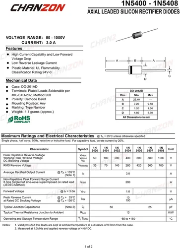 Miniatura 2 de Chanzon (Paquete de 50 Piezas) 1N5404 Diodo Rectificador 3A 400V DO-201AD (DO-27) Axial 5404 IN5404 3 Amp 400 Volt Diodos de Silicio Electrónico