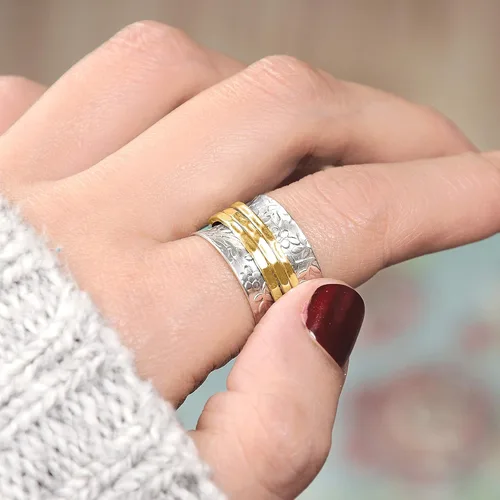 Miniatura 5 de Boho-Magic Anillo giratorio de plata de ley 925 con flores para mujer con 3 anillos antiestrés de latón de banda ancha